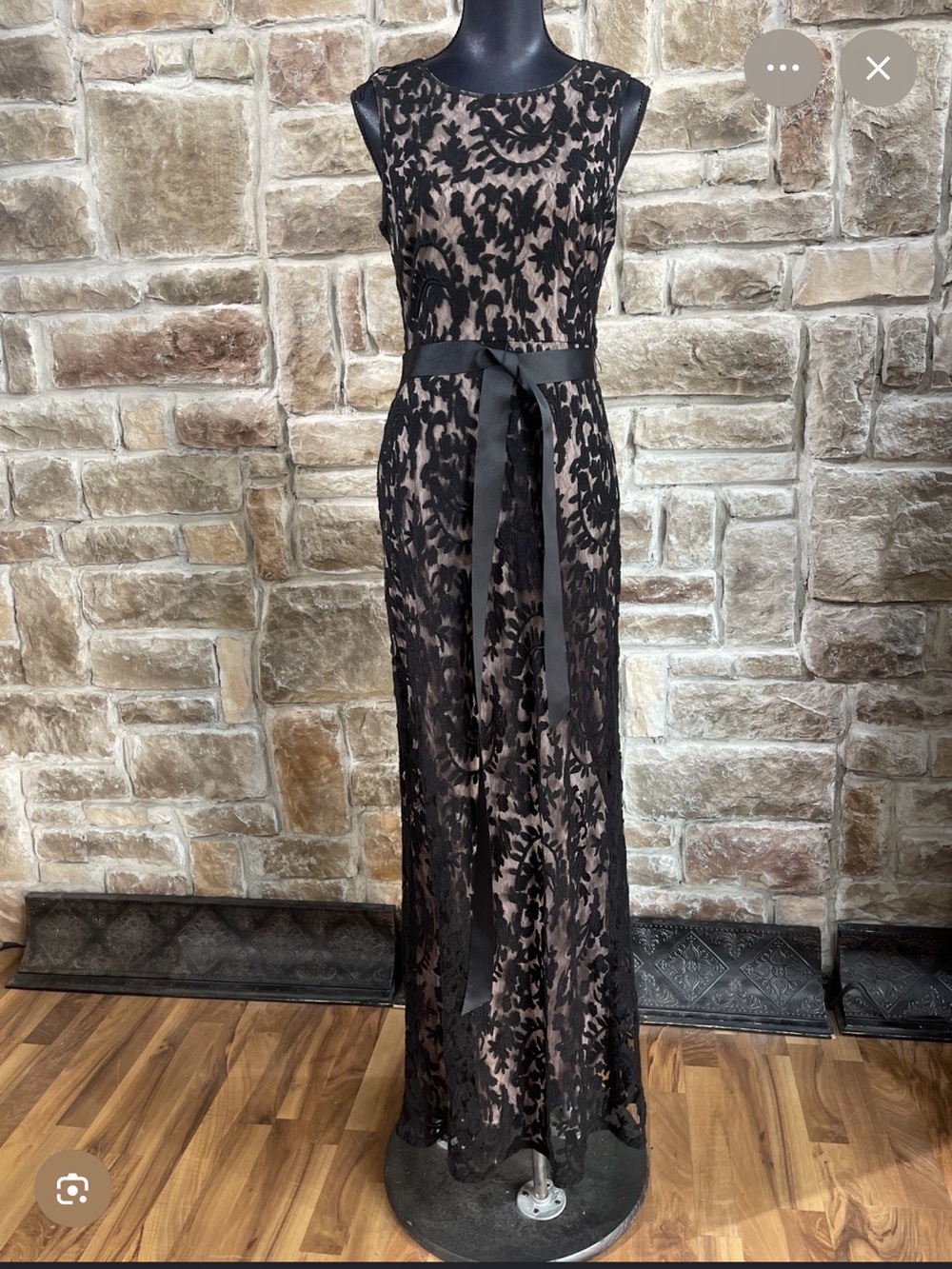 Adrianna Papell Black Lace Over Nude Maxi Dress with Satin Waist Tie